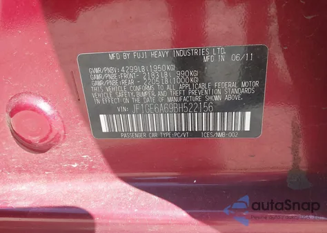 2011 Subaru Impreza 2.5I z USA, uszkodzony, nr VIN JF1GE6A69BH522156